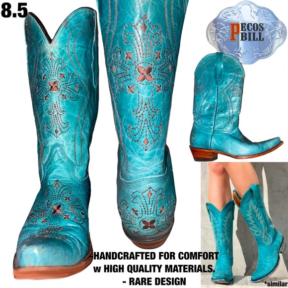 💎PECOS BILL Turquoise Leather Western Cowgirl Boots Embroidery Crosses 8.5 - Picture 1 of 16